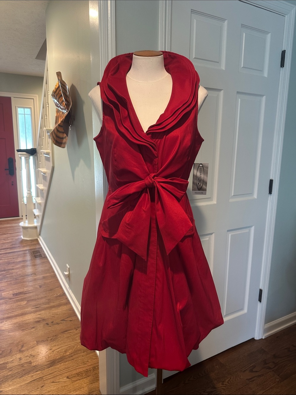 NWT Samuel Dong Red Sleeveless Tie-Waist Ruffled Collar Bubble Hem Dress Sz M